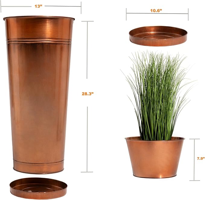 28in Tall Copper Planters Set of 2,Galvanized Steel Tall Outdoor Planter for Indoor/porches- Copper Color(2planters,2inner pots with Holes,2trays)