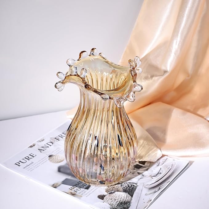 DOVDOV Hand Blown Amber Glass Art Deco Vase, Unique Wide Mouth Table Centerpiece, Perfect for Home Decor, Wedding, Engagement, or Housewarming