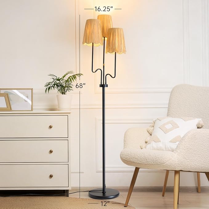 Raffia Floor Lamp, 68in. Dimmable Boho Floor Lamps with Natural Raffia Shade, 3-Light Standing Lamp with Weighted Base, Soft Uplight for Living Room, Bedroom, Reading Corner (Dimmable-Raffia Shade)