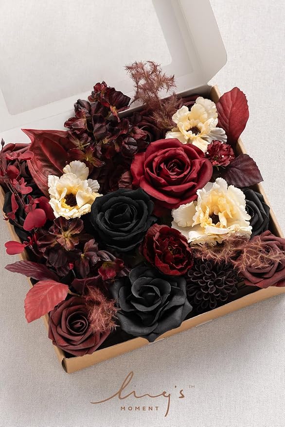 Ling's moment Fake Flowers Box, Faux Artificial Greenery Stems Foam Roses Dahlia Anthurium Silk Hydrangea Fabic Flower for Centerpieces Bouquet Wedding Vase Decorations, Burgundy & Black, Grand Combo