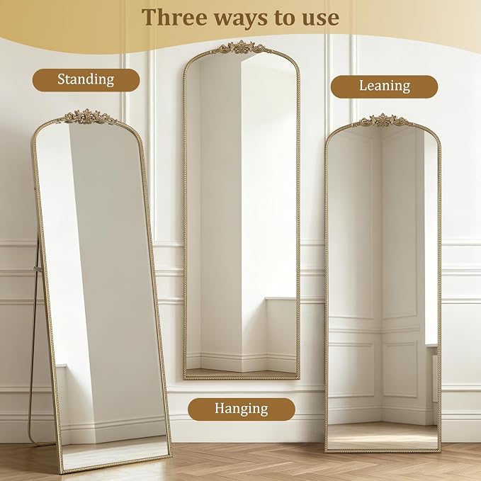 WallBeyond Gold Vintage Full Length Mirror with Stand for Vanity 22x65 Inch, Gold Antique Mirror with Ornate Frame, Arched Vintage for Bathroom, Living Room, Bedroom, Entryway