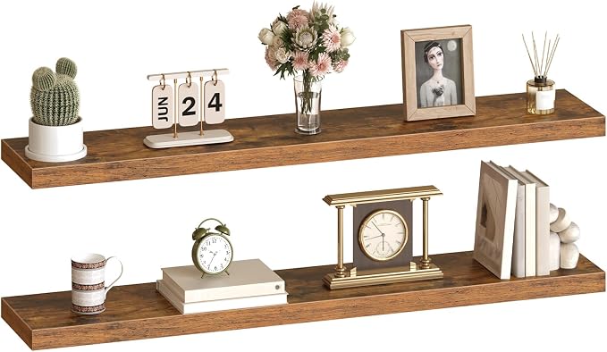 HOOBRO Floating Shelves for Wall, Wall Mounted Shelf Set of 2, 55" Hanging Shelf with Invisible Brackets, for Wall Storage in Bathroom Bedroom Kitchen Living Room Office, Rustic Brown BF140BJP201