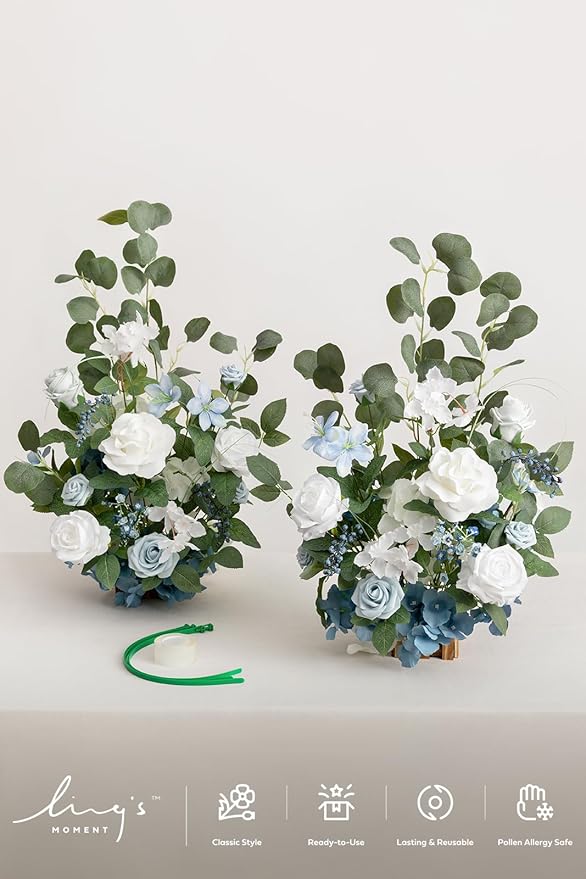 Ling's moment 17.5" Tall Free Standing Artificial Flowers Arrangements 2 pcs Wedding Aisle Runner Chair Decorations Dusty Blue & White Centerpieces for Ceremony Reception Rose Floral Party Outdoor