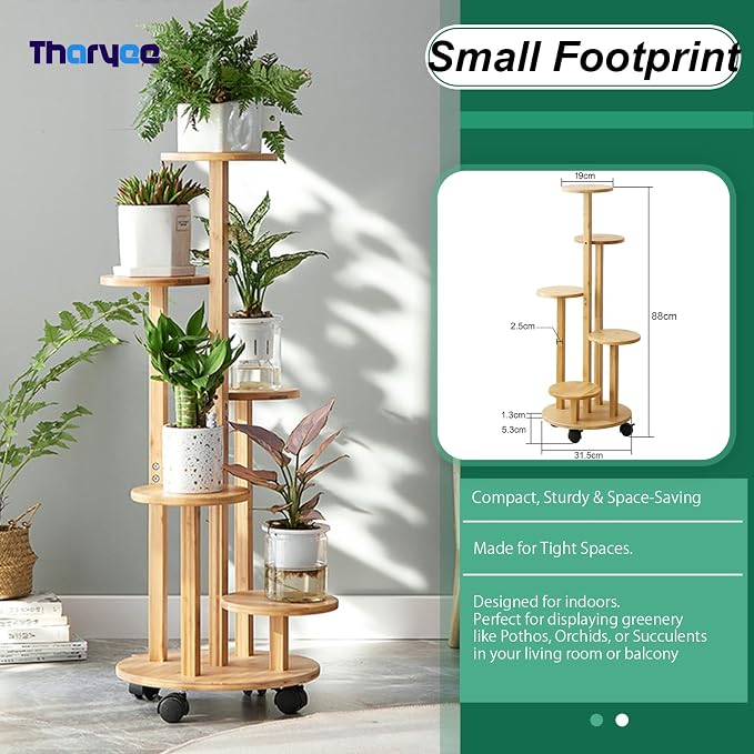 5 Tier Plant Stand Indoor, Wood Plant Shelf Corner Display Rack with Wheels, Multiple Plants Ladder Holder for Living Room Balcony Bedroom Garden Patio (Wood Color, 5 Tier)