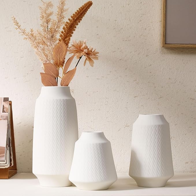 Ceramic Vase Set of 3 - Handcrafted Ceramic Vases for Home Decor & Shelf - Modern Farmhouse Decor for Kitchen, Office, Bedroom & Living Room Decorative Objects for Mantel, Table Centerpieces