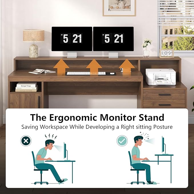 Computer Desk with 3 Drawers & Storage Shelves, 65 Inch Home Office Desk with File Drawer & Cabinet, Writing Study Desks with Monitor Stand & Printer Shelf, Executive Desk, Brown