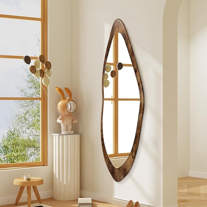 AAZZKANG Large Mirror with Wood Framed 47"x16" Retro Irregular Wall Mirrors Full Length Asymmetrical for Bedroom Living Room Entryway Dressing Room