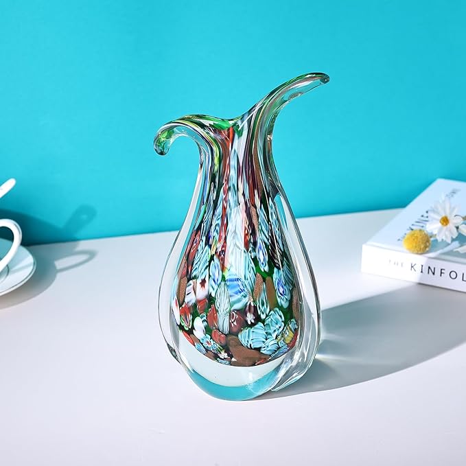 Green Hand Blown Glass Vase – Oval Decorative Art Glass for Centerpieces, Murano Inspired Decor for Dining Room, Entryway Table, or Shelf, Handmade Glass Vase for Home Display (Teal Green)
