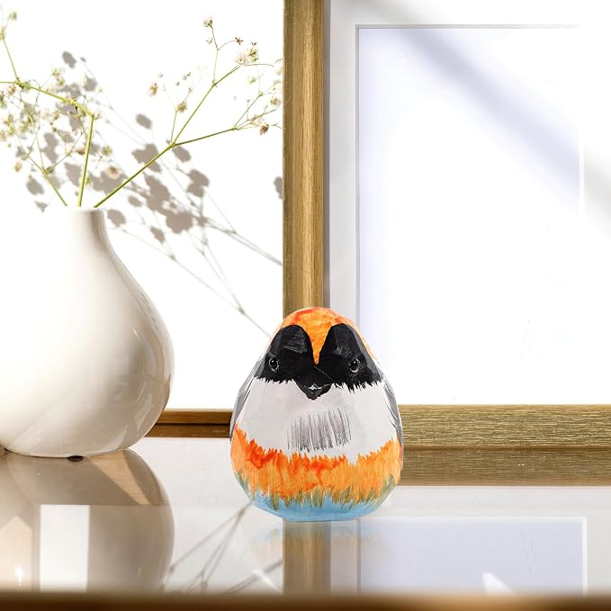 Abaodam Wood Carved Animal Figurine Vintage Red-Headed Chickadee Bird Statue Wooden Craft Home Decor Accent Collectible Table Decoration