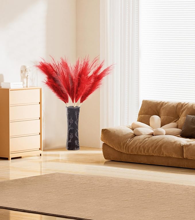 9 Pcs 45" Tall Pampas Grass Red Decor, Long Stem Artificial Flower Floor Vase Large Faux Floral Pompas Fake Plants Dried Bouquet Arrangement Vase Filler for Boho Home Wedding Decoration