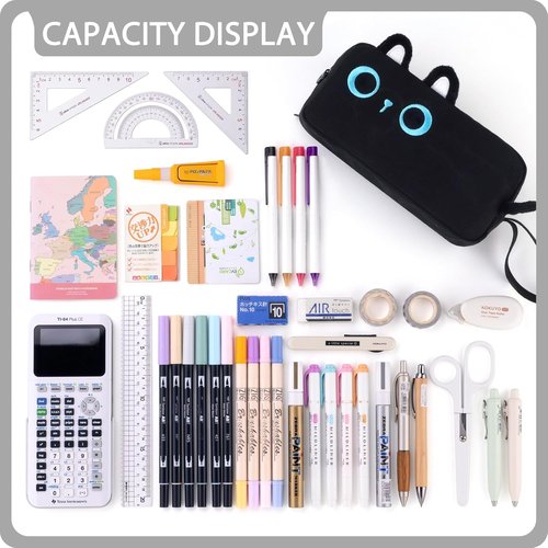 CICIMELON Large Capacity Cartoon Pencil Case - Embroidered Animal Design for Kids & Teens | Black Cat