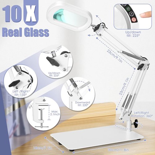 Drdefi 10X Magnifying Glass with Light - LED Lighted, Stepless Dimmable, Hands-Free Desk Lamp | White