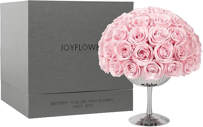JoyFlower Preserved Flowers Vase Decor, Eternal Flower Vases for Centerpieces, Forever Flower Decorations for Party Home Wedding Table Living Room Bedroom, Stainless Steel Vase House Decor(Pink)