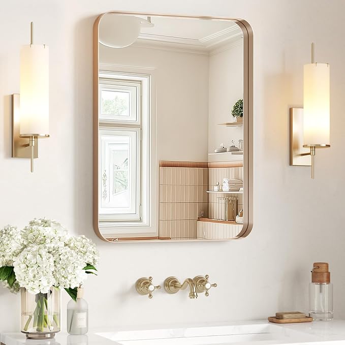 USHOWER Gold Bathroom Mirror 22"x30", Brushed Champagne Gold Rectangle Mirror for Over Sink, Aluminum Frame, Anti-Rust, Tempered Glass, Horizontal or Vertical Mounted