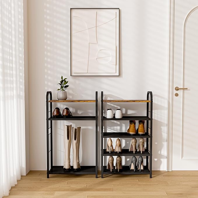 BWOORACKU Shoe Rack, 5-Tier Shoe Organizer with Guardrails, Heavy-Duty Metal Mesh Shelves & Rustic Wooden Top for Stylish Closet & Front Door Storage