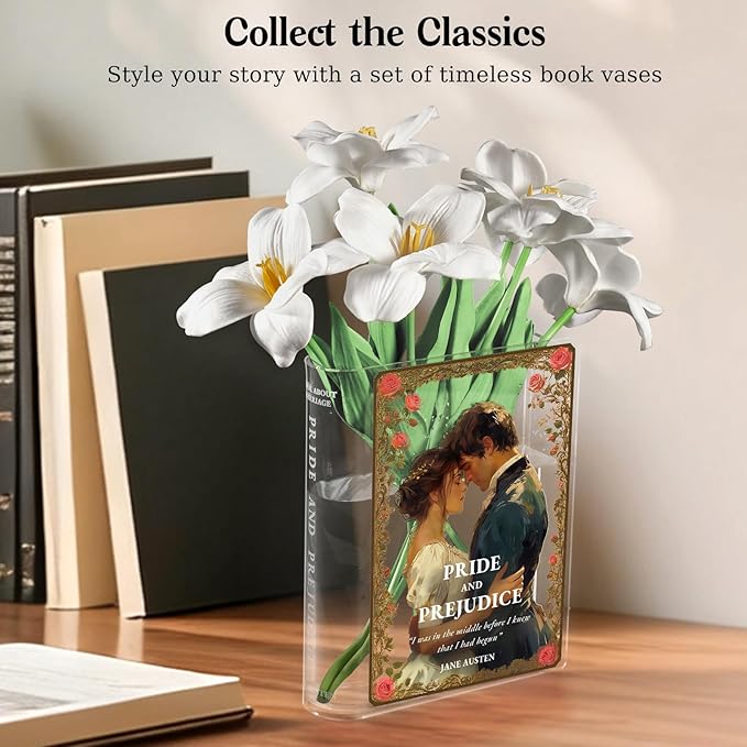 Pride and Prejudice Inspired Book Vase, Flower Vase for Home Decor, Birthday Gifts for Women Mom Book Lovers, Bookish Decor for Bookshelf Desk Coffee Table Office Living Room