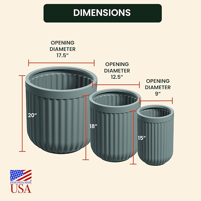 Beuta Large Planters for Outdoor Plants - Set of 3, 15/18/20 Inches - USA Made - Outdoor Planters for Porch - Tall Planter for Outdoor & Indoor Plants | Large Indoor Plant Pot - Grey