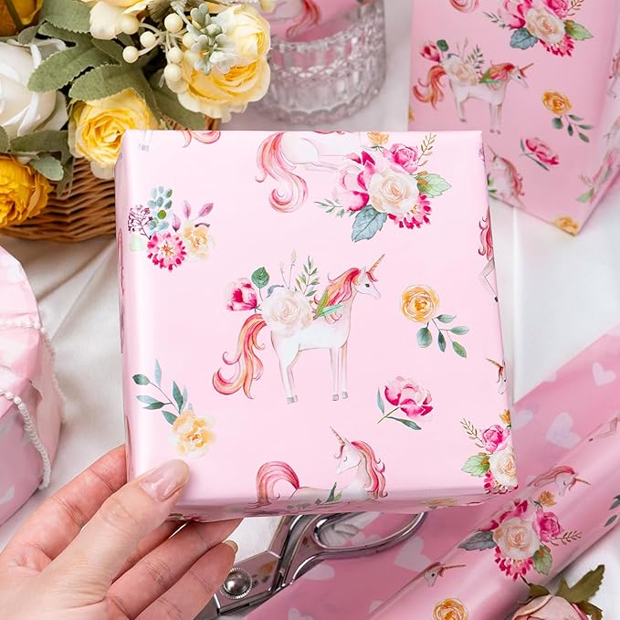 HOMERAL Pink Unicorn Wrapping Paper with Flower Designs - 17In x 33Ft (46.5sqft) Pink Unicorn Princess Gift Wrap with Hearts Reverse for Girls Birthday, Baby Shower, Valentines Day, Mothers Day, DIY Crafts