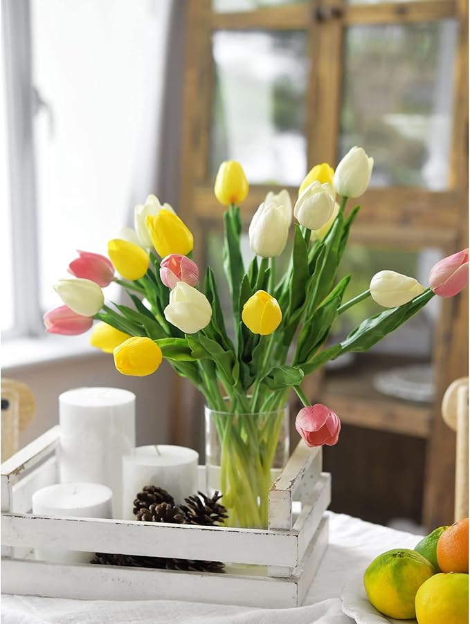FiveSeasonStuff Real Touch Tulips Artificial Flowers – 15 Stems Faux Tulip Bouquet in Gift Box for Wedding, Home Decor, Party, Floral Arrangements (Candle Glow Yellow)