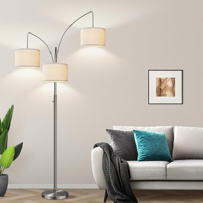 Dimmable Brushed Nickel Floor Lamp, 3 Light Arc Floor Lamp, Modern Tall Standing Tree Lamp with White Shades & Heavy Base, 3000LM Cool White LED Bulbs, Bright Lighting for Living Room, Bedroom, Office