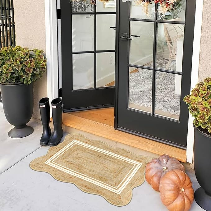 Front Door Rug - 2x3 Jute-Look Washable Doormat Indoor Outdoor Entrance Non-Slip Door Mat Farmhouse Scalloped Small Throw Rugs for Entryway Bedroom Kitchen Mat for Floor Front Porch Decor