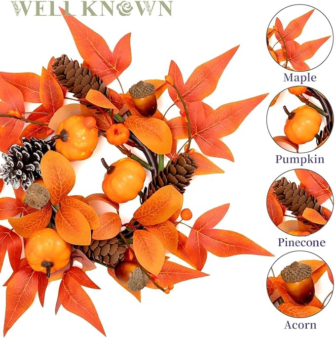 2 Pcs Mini Fall Orange Pumpkins and Maples Candle Rings Wreaths for Pillars Home Table Window Decor, 9" Artificial Flower Cabinet Wreath for Winter Kitchen Farmhouse Wedding Christmas Party & Gift