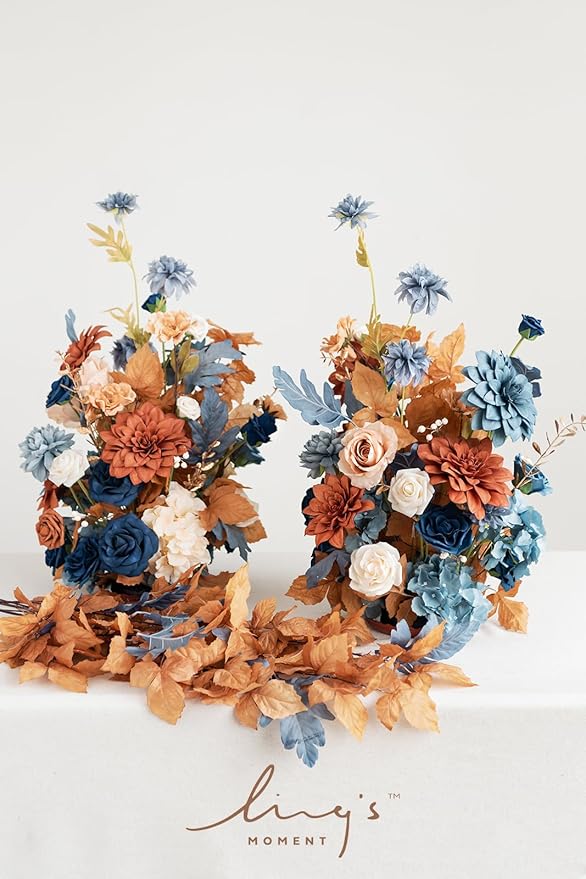 Ling's moment 41" Tall Fall Free Standing Artificial Flowers Arrangements 2 pcs Wedding Arch Altar Stage Decorations Russet Orange & Denim Blue for Ceremony Reception Church Backdrop Outdoor Party