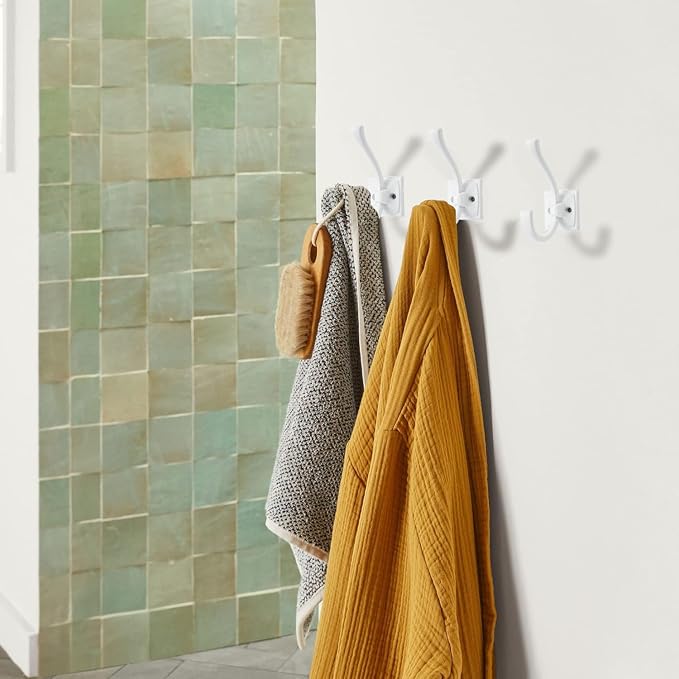Large Wall Hooks 10 Pack White Coat Hooks Hardware Towel Hooks for Hanging Coats 4.35 Inch Double Robe Hooks Wall Mounted with Screws for Key, Towel, Bags, Cup, Hat