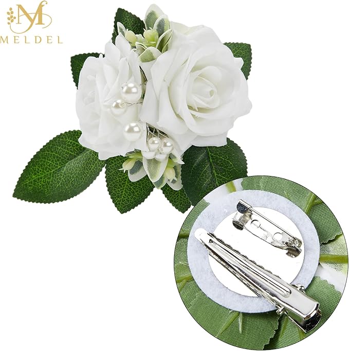 Meldel White Ivory Rose Floral Shoulder Corsages & Boutonniere for Men Wedding, Set of 6, Bride Bridal Bridesmaid Groom Groomsmen Boutineers for Ceremony Anniversary Party Prom Boutonniere