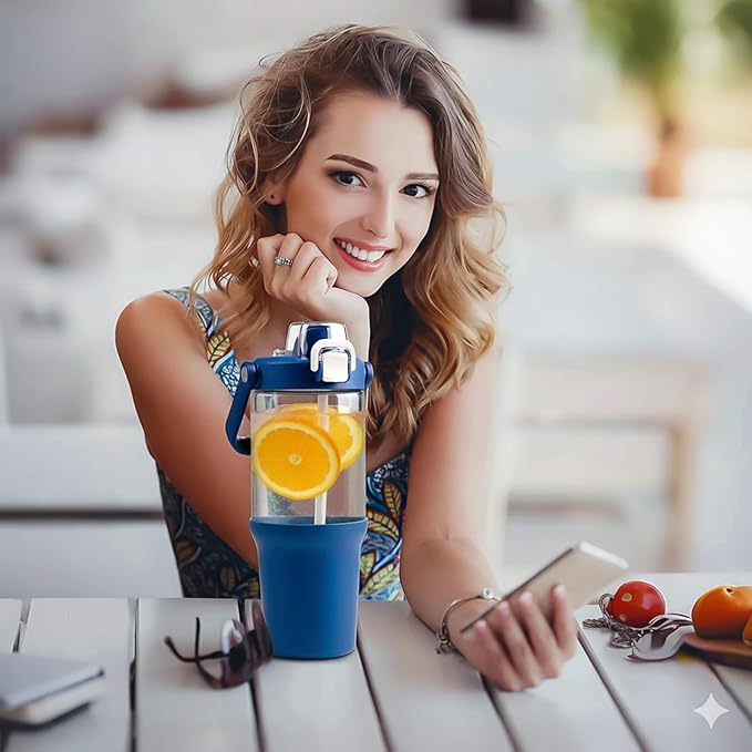Glass Tumbler with Carry Handle, Clear Glass Water Bottle with Leakproof Lid, Spout Lid&Straw, BPA-Free, 32 oz, DBlue