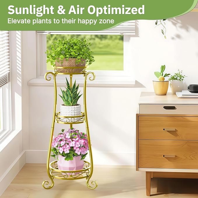 KMOTASUO 3 Tier Metal Plant Stand for Multiple Large Planters Indoor Outdoor Organizer, Heavy Duty Tall Flower Rack for Corner Patio Bathroom Office Corner, Modern Sturdy Vertical Iron Rack, Gold