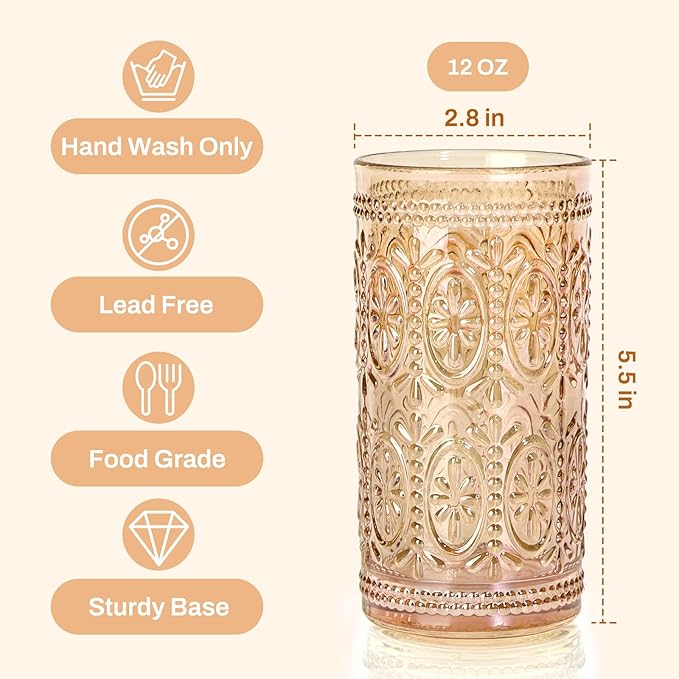 Darlion Amber Drinking Glasses, Highball Glass Cups, Amber Glassware, Drinking Glasses Set of 8, Vintage Water Cups for Party Wedding Gift