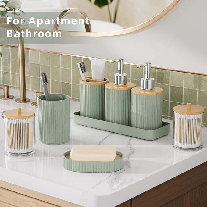 10PC Bathroom Accessories Set - Sage Green Bathroom Sets, Bathroom Accessory Set with Pop Up Trash Can, Toilet Brush, Trash Can, Qtip Holder & Soap Dispenser