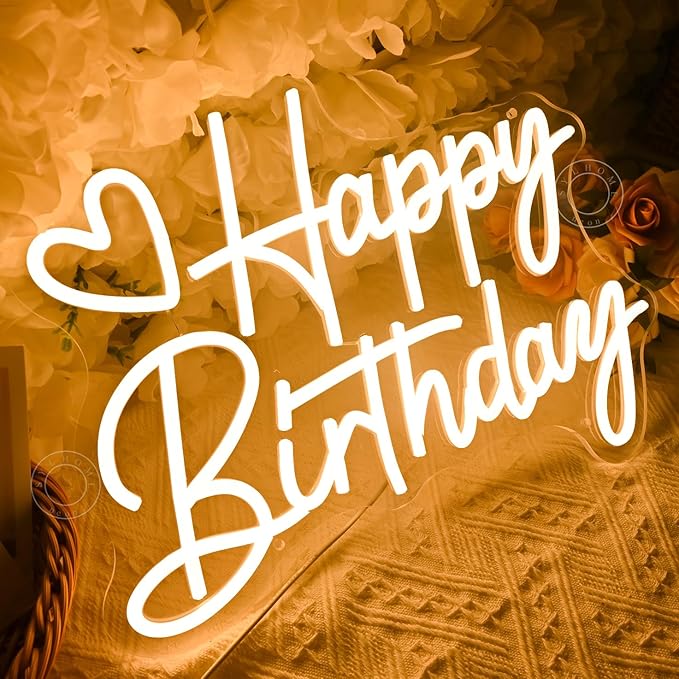 SYLHOME Happy Birthday Led Neon Light Sign Heart Birthday Party Bedroom Wall Sign Decor Banner Birthday Backdrop Light Up Sign 15.75" X 11.81" USB Dimmer Warm White 5V