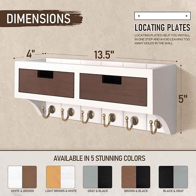 Rebee Vision Key Holder Wall Mount with 2 Drawer Organizer: Decorative 2-Color Mail Organizer for Wall with 6 Hooks - Farmhouse Home Organization for House Decor (White & Retro Brown)