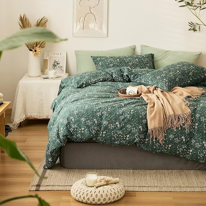 Vintage Green Floral Duvet Cover Twin XL Jersey Knit Cotton Chic Floral Bedding Set Garden Style Flower Botanical Duvet Cover Cottagecore Pillowcases