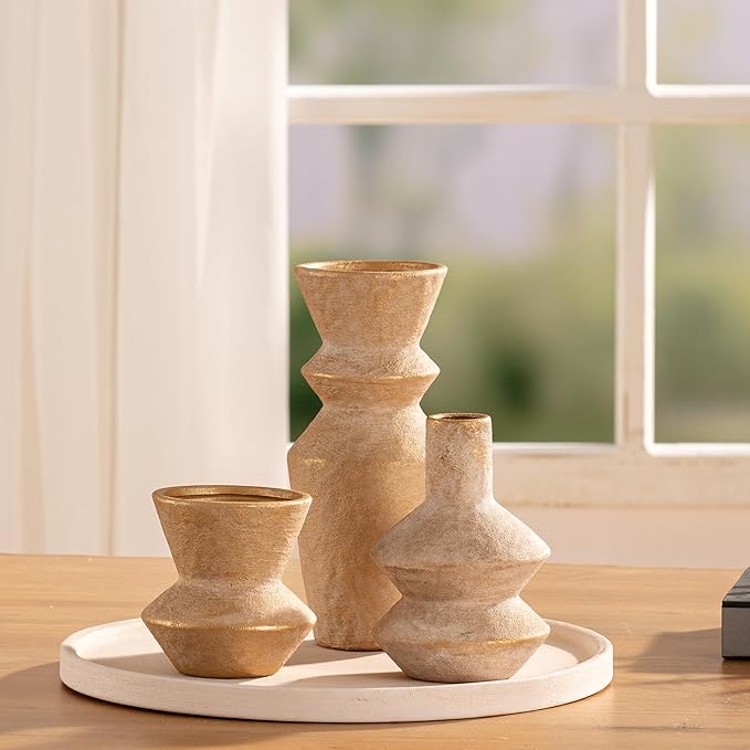 Ceramic Vase Home Table Decor - Gold Flower Vase Set of 3 Living Room Kitchen Decorations Farmhouse Modern Rustic Vases Decorative Centerpiece for Shelf Bedroom Office Bathroom Dining Coffee Desk
