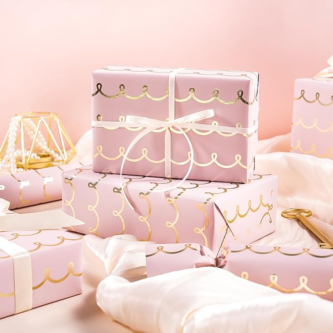 WRAPAHOLIC Pink Wrapping Paper Roll - Mini Roll - 17 Inch x 33 Feet - Metallic Foil Chic Classic Pink and Gold Wedding Wrapping Paper for Birthday, Wedding, Baby Shower, Valentine's Day
