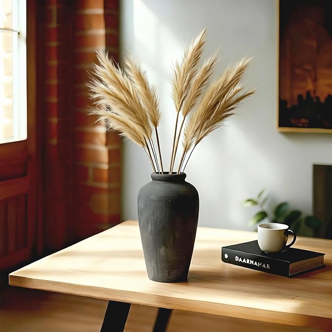 Large Ceramic Vase, 11 inch Minimalist Vase for Home Decor, Handmade Farmhouse Flower Vase for Table Centerpiece, Wedding, Living Room, Kitchen Decoration, Shelf Decor (Black)