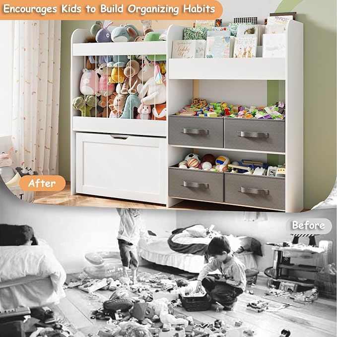 Toy Storage Organizer with Stuffed Animal Storage - Kids Bookshelf with 4 Removable Bins and 1 Movable Toy Storage Bin, 3-Tier Bookshelf with Building Block Play Table for Kids Room Playroom (White)