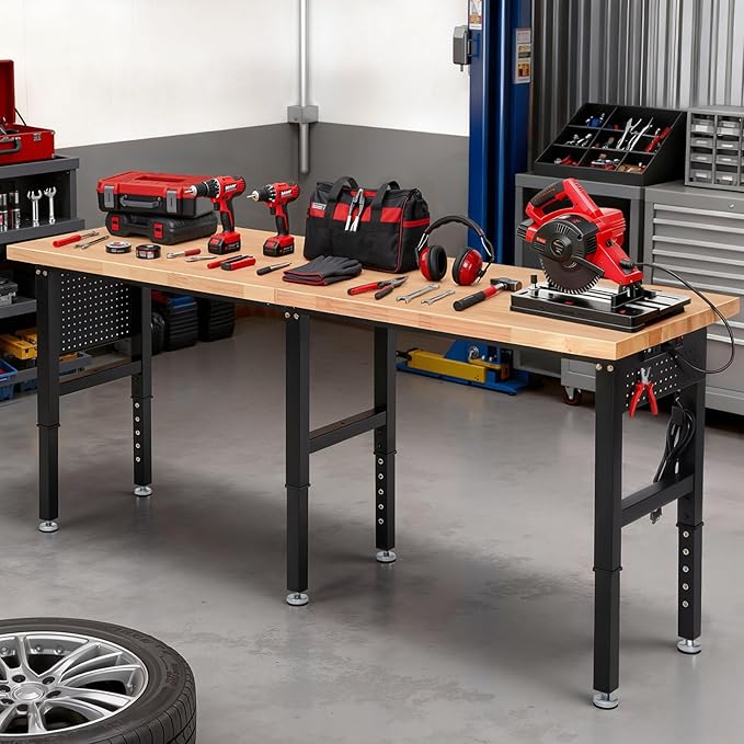 Work Bench 84 x 24 Inch Adjustable Height Rubber Wood Top Work Table 5000 Lbs Load Capacity Workstation with Power Outlets & Extended Pegboard for Garage, Workshop, Home, Office