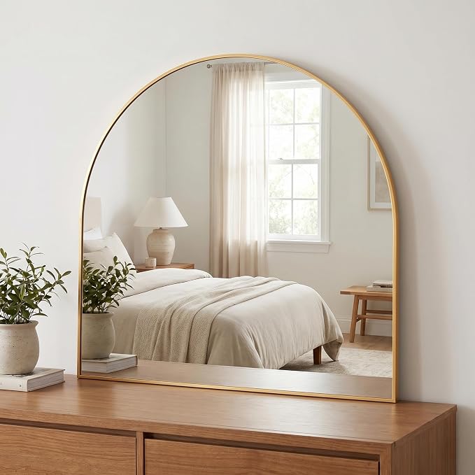 BEAUTYPEAK 26"x28" Arch Bathroom Mirror, Wall Mounted Vanity Metal Frame Mirror for Bedroom, Entryway, Living Room, Gold