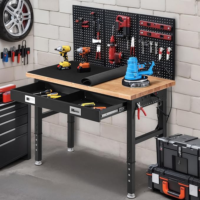 Work Bench with Storage Adjustable Workbenches with Drawer for Garage 48 Inch Rubber Wood Top Garage Workbench with Pegboard, Power Outlets for Woodworking,Home, Office, Workshop