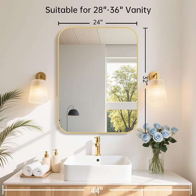 24x32 Inch Gold Bathroom Mirror, Brushed Gold Metal Framed Rectangular Mirror with Rounded Corner, Bathroom Vanity Mirror for Bedroom or Living Room, Horizontal/Vertical