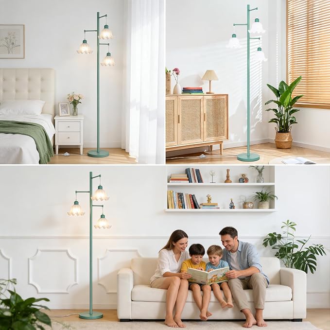 TOBUSA Green Flower Floor Lamp for Living Room, 3-Light Vintage Floor Lamp with 3 LED Bulbs, 68’’ Tall Standing Lamp with White Acrylic Shades, Modern Boho Unique Floral Floor Light for Bedroom Office