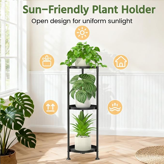 LASZOLA 3 Tier Plant Stand Indoor with Large Metal Tray, Corner Round Flower Holder Rack Tall Outdoor, Morden Planter Display Shelf for Patio Porch Garden Office Living Room, Black