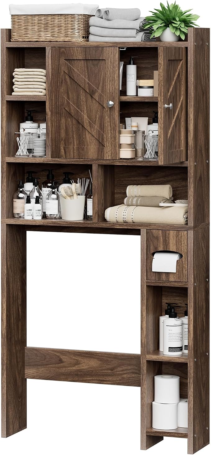 Over the Toilet Storage Cabinet, Freestanding Storage Cabinet Over Toilet, Bathroom Storages Organizer Cabinets with Toilet Paper Holder Stand and Adjustable Shelf, Walnut