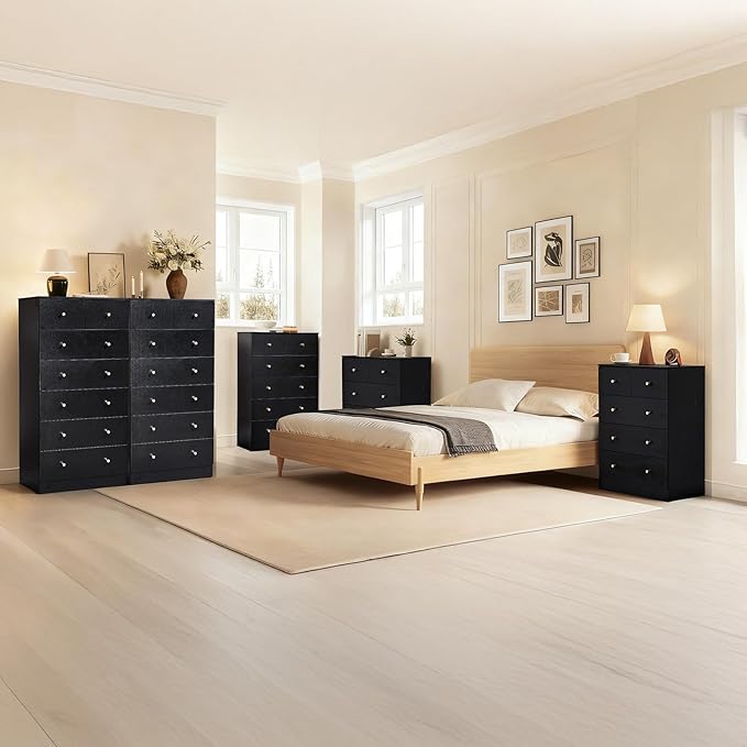 Karl home Black 5 Drawer Dresser for Bedroom, Tall Dresser Chest of Drawers, Rustic Wood Bedroom Dressers Clothes Organizer, Anti-Tipping Device, Rose Gold Metal Handle, Living Room, Entryway, Office