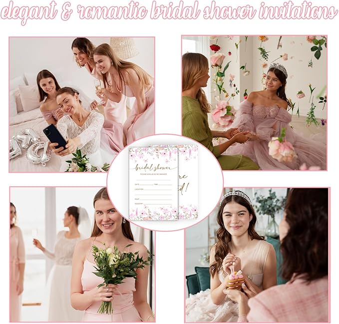 Pink Floral Bridal Shower Invitations, Spring Butterflies Invites with Envelopes, 4x6 Invite Card for Wedding Shower, Newlyweds, Party Favor & Decorations-A02