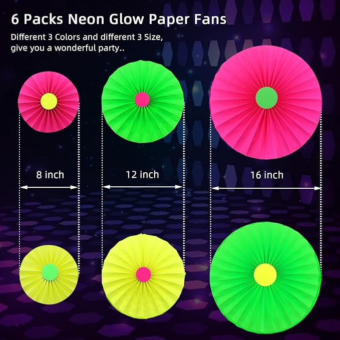 6Pcs UV Neon Party Hanging Paper Fans Flower Glow in The Dark Glow Party Supplies and Decorations Glow in The Dark Blacklight Reactive Fluorescent Black Light Neon Party Supplies for Birthday Wedding